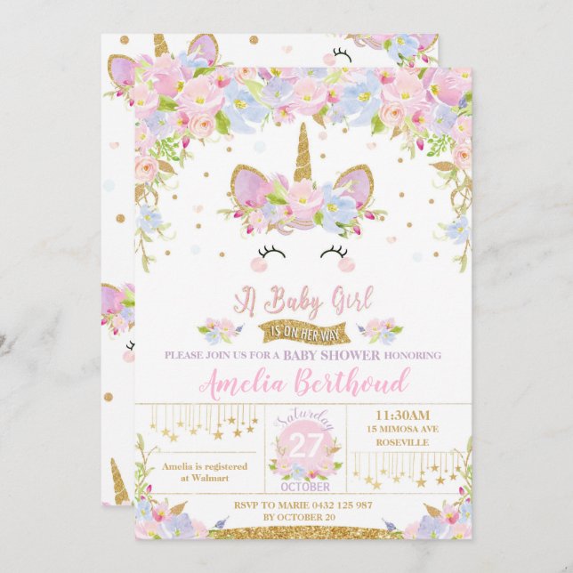 Floral Cute Unicorn Baby shower Invitation fille (Devant / Derrière)