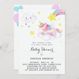Floral Cute Unicorn Baby shower Invitation fille