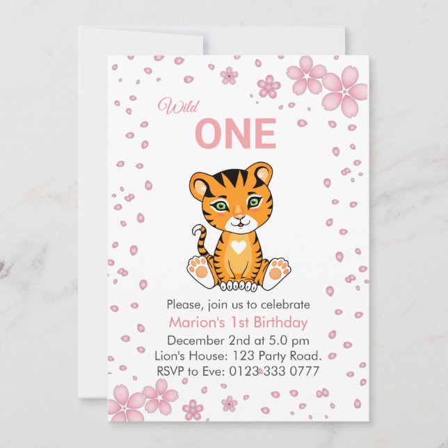 Floral Cute Wild One Tiger 1er Invitation annivers (Devant)