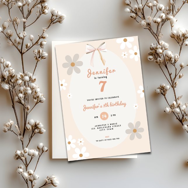 Floral Daisy 7th Birthday Invitation for Girls (Floral Daisy 7th birthday invitation for girls)