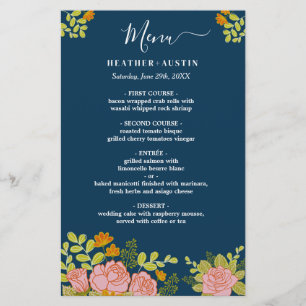 Floral Dark Navy Blue Mariage Botanic Decor Menu