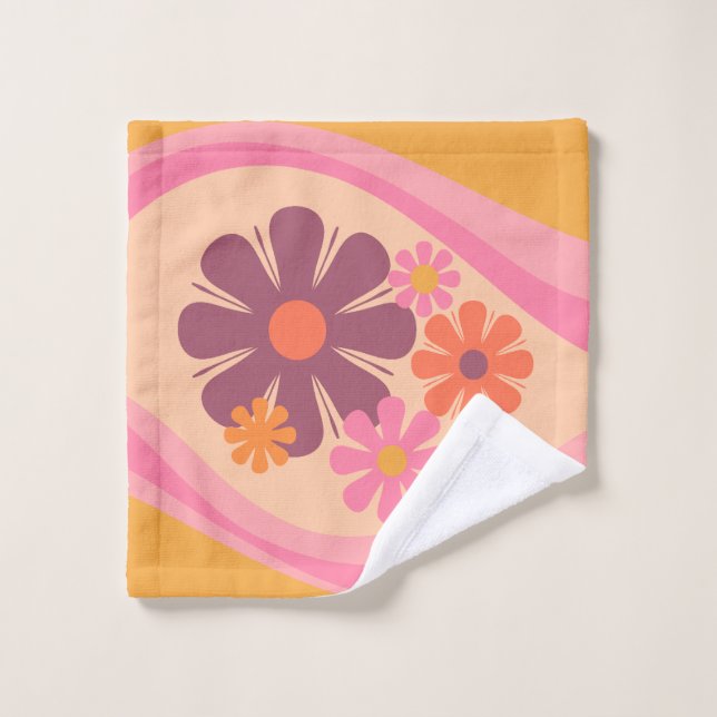 Floral Daydream Fleur Rétro Motif rose orange (Gant de toilette)