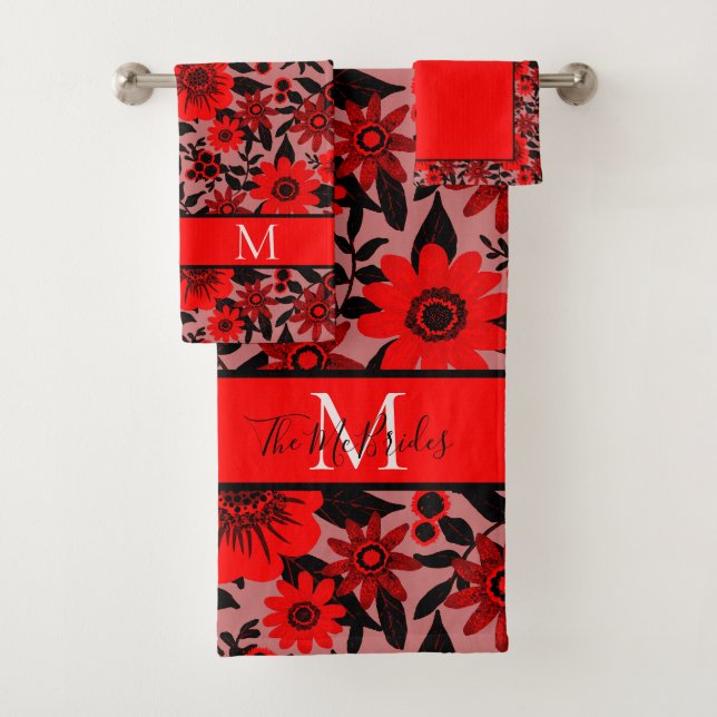 Floral de jungle monogramme rouge, noire et rose (En situation)
