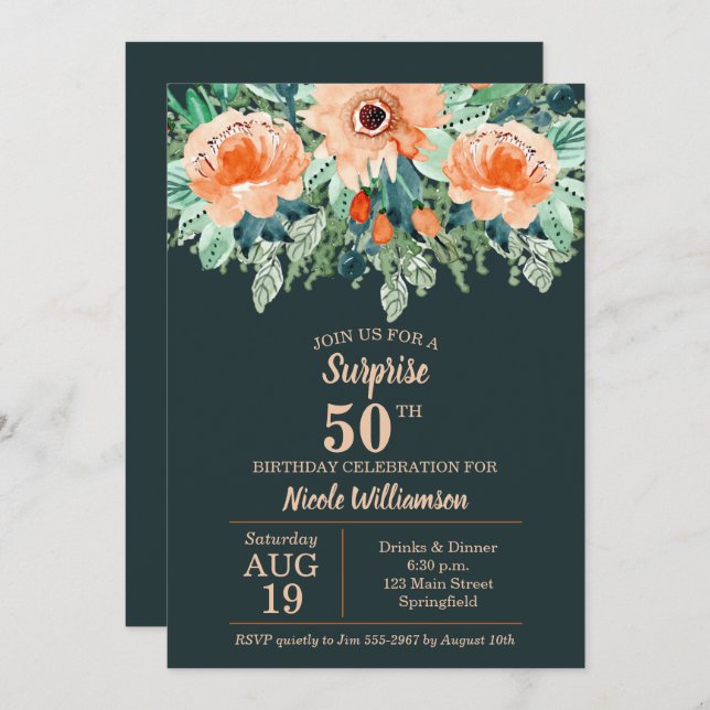 Floral de Pêche à l'aquarelle sur Invitations Turq (Devant / Derrière)
