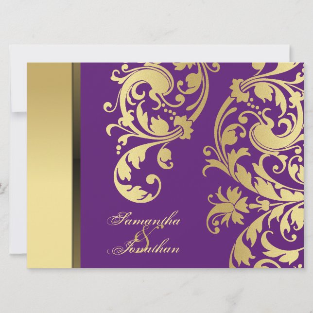 Floral de Shimmer d'or violet faire-part de mariag (Devant)