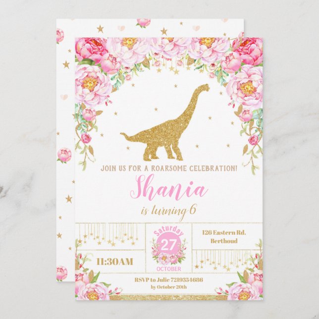 Floral Dinosaur Anniversaire Invitation Girl (Devant / Derrière)