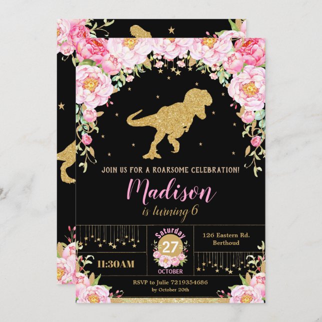 Floral Dinosaur Anniversaire Invitation Girl T-Rex (Devant / Derrière)