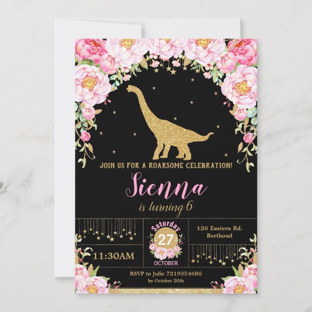 Floral Dinosaur Invitation Anniversaire Fille Bron (Devant)