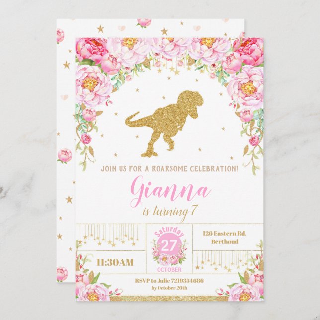 Floral Dinosaur Invitation Anniversaire T-rex (Devant / Derrière)