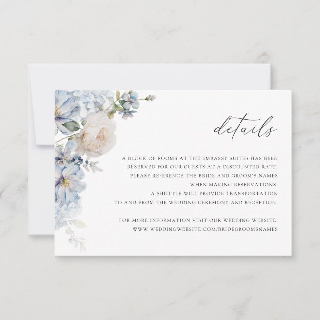 Floral Dusty Blue Blush Rose Détails Carte Mariage (Devant)