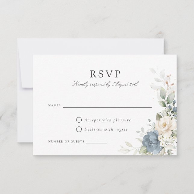 Floral Dusty Blue Greenery Wedding Carte RSVP (Devant)