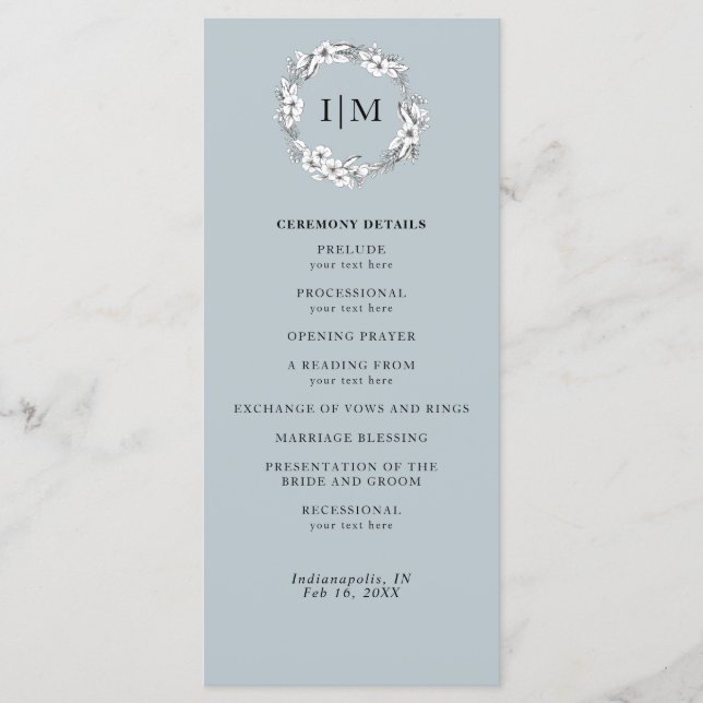 Floral Dusty Blue Monogram Programme de mariage (Devant)