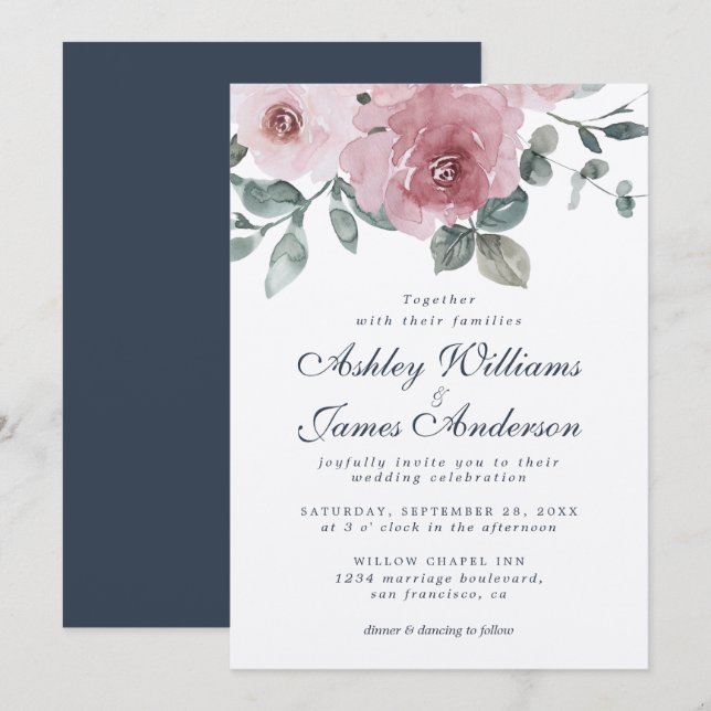 Floral Dusty Rose bleu foncé Faire-part de mariage (Devant / Derrière)