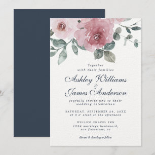 Floral Dusty Rose bleu foncé Faire-part de mariage