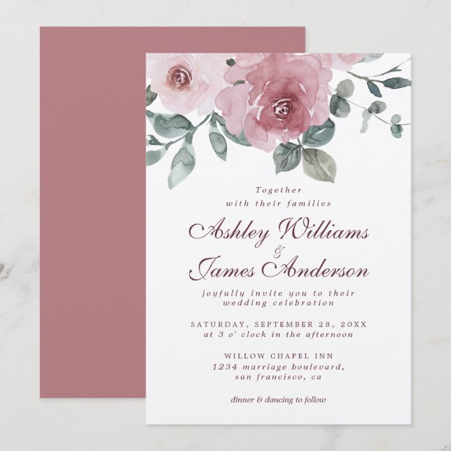 Floral Dusty Rose Bourgogne Faire-part de mariage (Devant / Derrière)