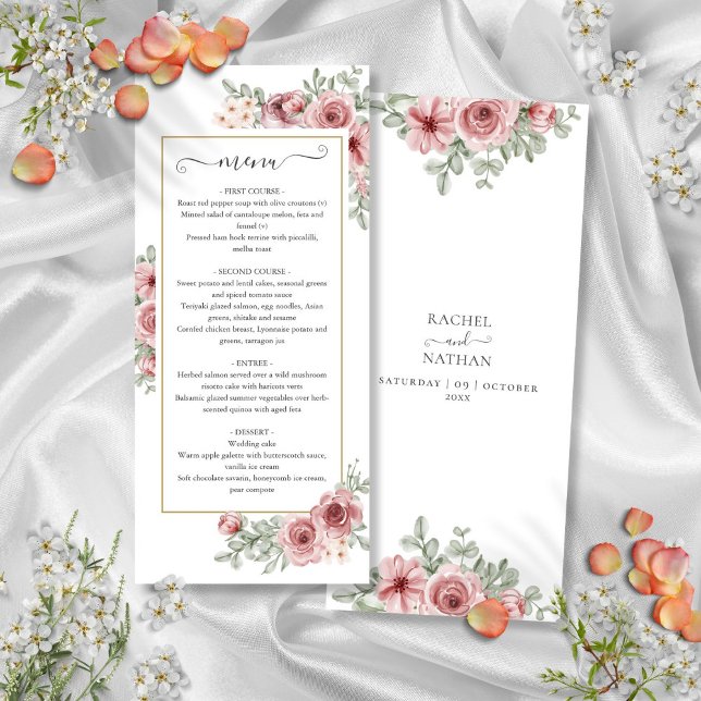 Floral Dusty Rose Gold Dinner Menu Mariage (Floral Dusty Rose Gold Wedding Dinner Menu)
