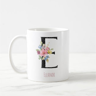 Floral E Monogram Name Black Polka Dot Coffee Mug