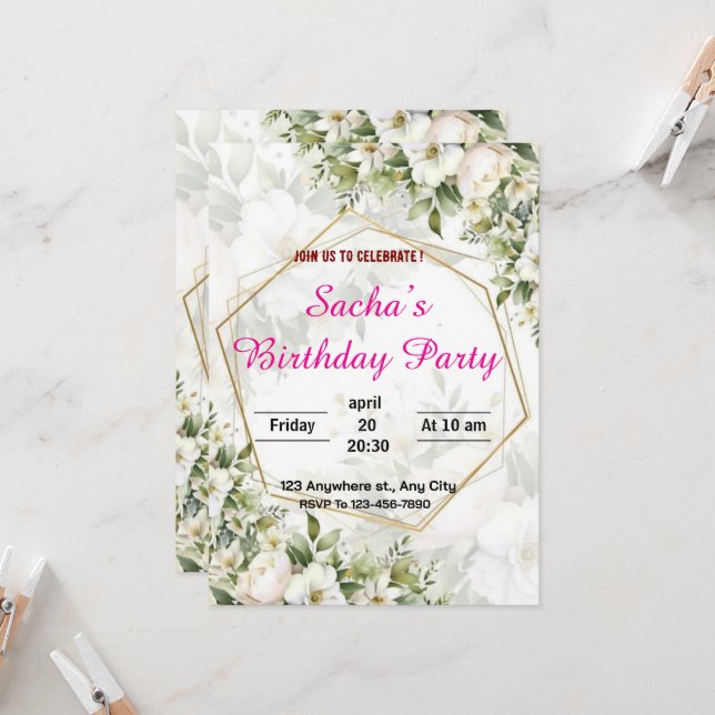 Floral Elegant Anniversaire Fête Invitation (Devant/Arrière en situation)