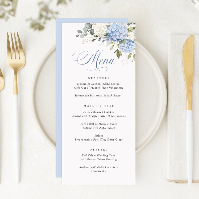 Floral Elegant Bleu Blanc Hydrangea Menu Mariage (Créateur téléchargé)