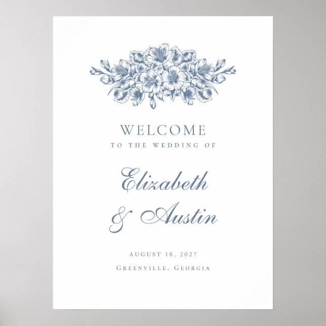 Floral Elegant Botanical Blue Mariage Affiche de b (Devant)