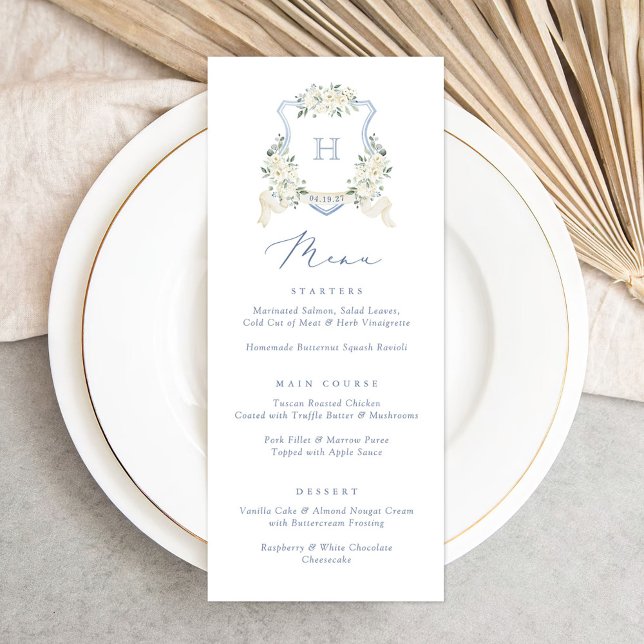Floral Elegant Dusty Bleu Blanc Mariage Crest Menu (Créateur téléchargé)