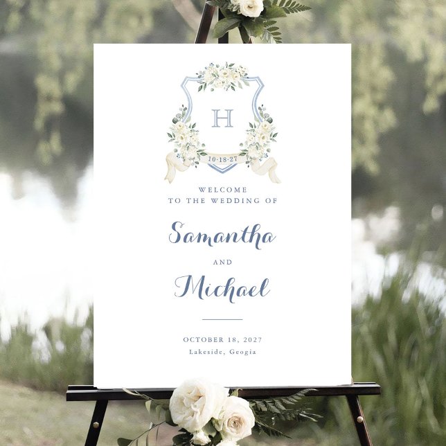Floral Elegant Dusty Blue Crest Affiche de bienven (Créateur téléchargé)
