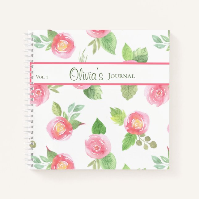 Floral Élégant Votre Nom Script Rose Roses Journal (Devant)
