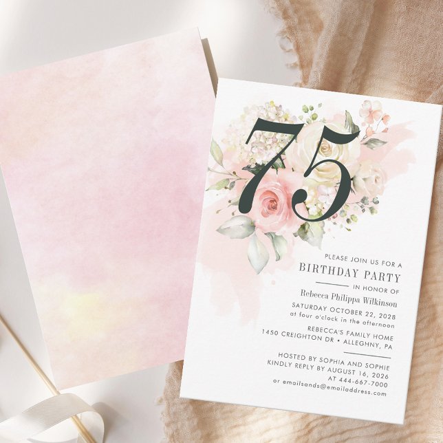 Floral Eucalyptus Foliage rose 75e fête d'annivers (Elegant 75th Birthday Party Pink Rose Floral Invitation)