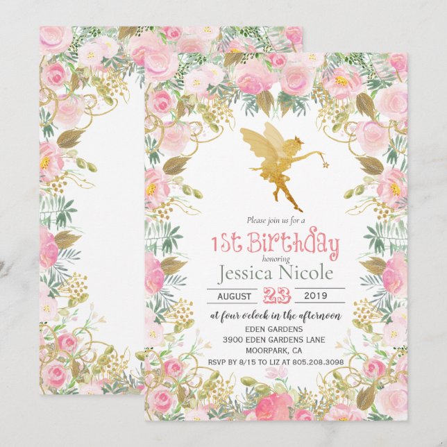 Floral Fairy 1er anniversaire Invitation (Devant / Derrière)
