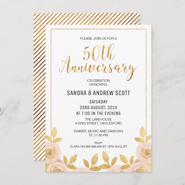 Floral Faux Gold 50th Anniversary Invitation (Devant / Derrière)