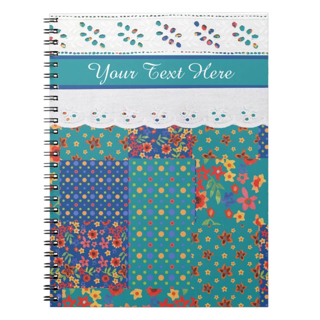 Floral Faux Patchwork sur Turquoise, Carnet en den (Devant)