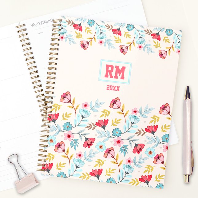Floral Feminine Rose Crème Bleu Coloré Monogramme (Floral Feminine Pink Blue Colorful Monogram Planner)