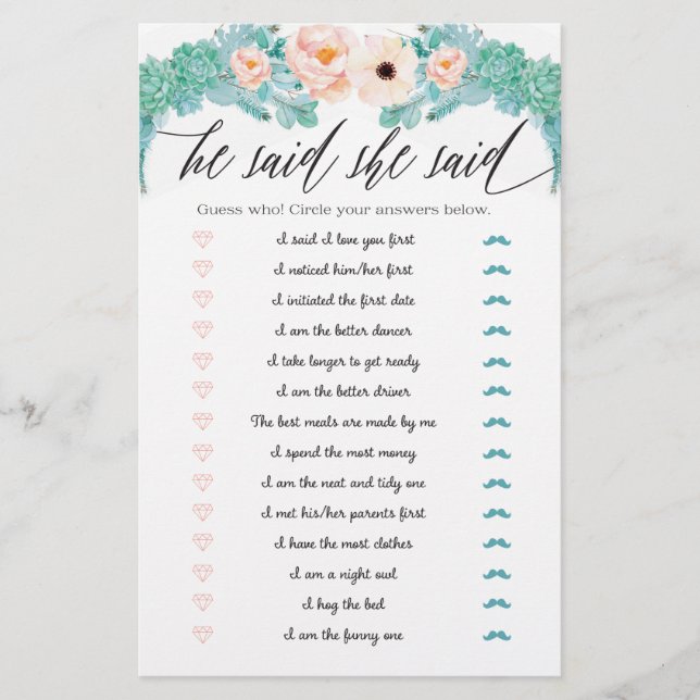 Floral Fête des mariées Jeu Il A Dit Qu'Elle A Dit (Devant)