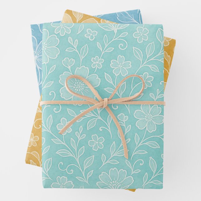 Floral Feuille Art Motif Sur Turquoise Bleu Jaune (En situation)