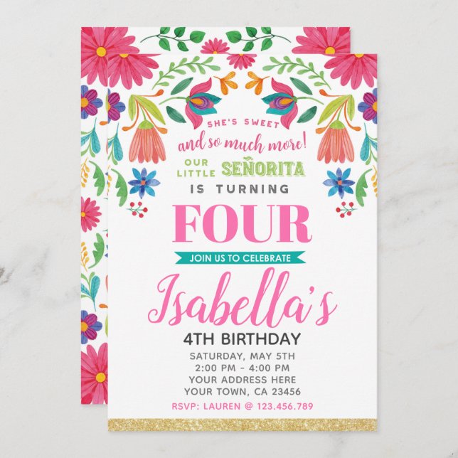 Floral Fiesta 4th Birthday Invitation (Devant / Derrière)