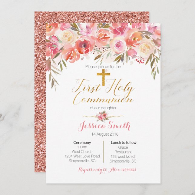 Floral First Holy Communion Invitations Rose Gold (Devant / Derrière)