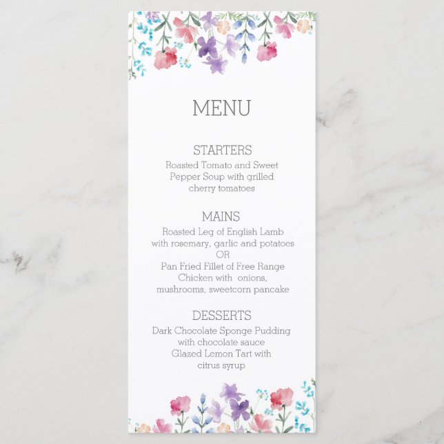 Floral Fleur sauvage Rustic Mariage Menu Dîner (Devant)