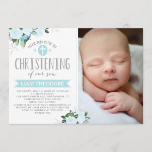 Floral Flores Bleu   Invitation Christening