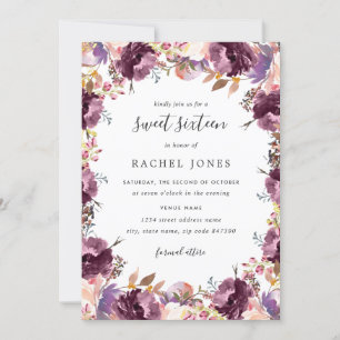 Floral Florom Purple Sweet 16 Invitation