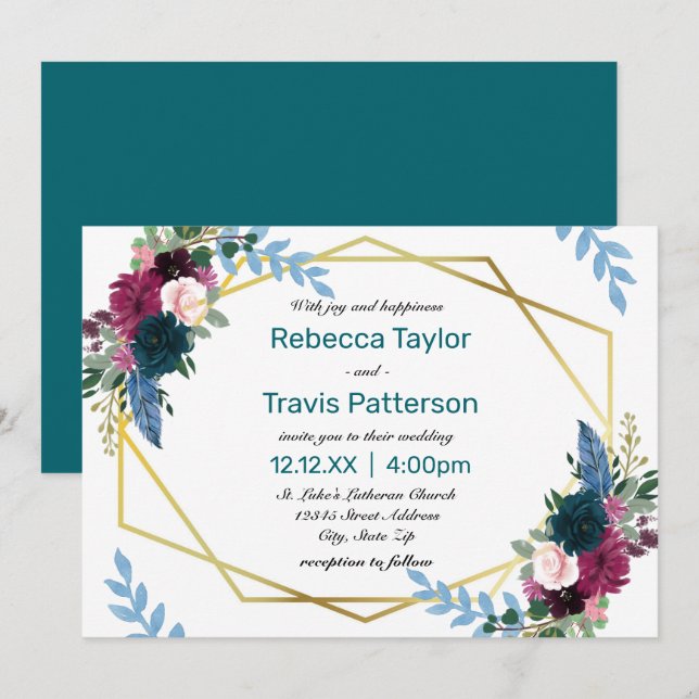 Floral Floroms Mod Turquoise - Faire-part de maria (Devant / Derrière)