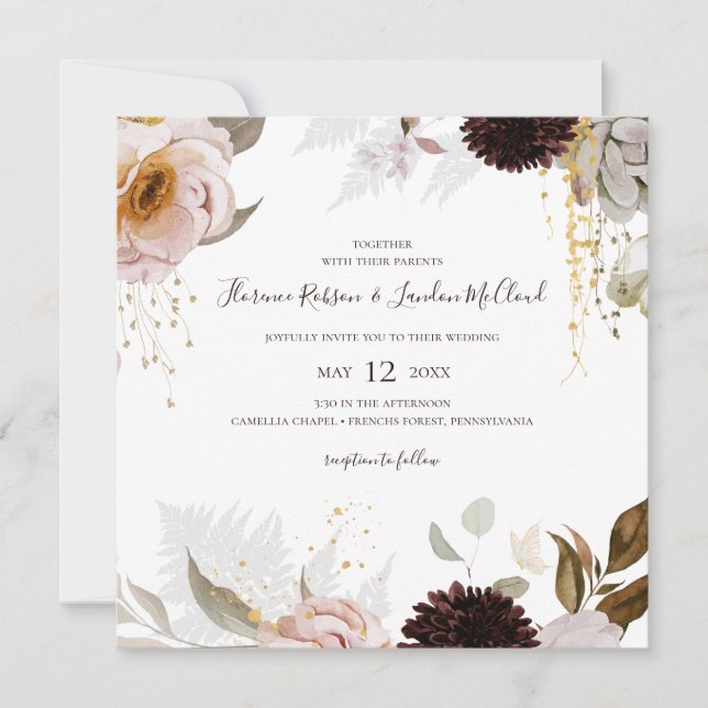Floral flush moderne | FAIRE-PART DE MARIAGE CARRÉ (Devant)