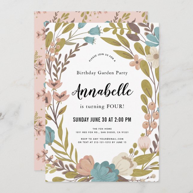 Floral Garden Party White Anniversaire Invitation (Devant / Derrière)