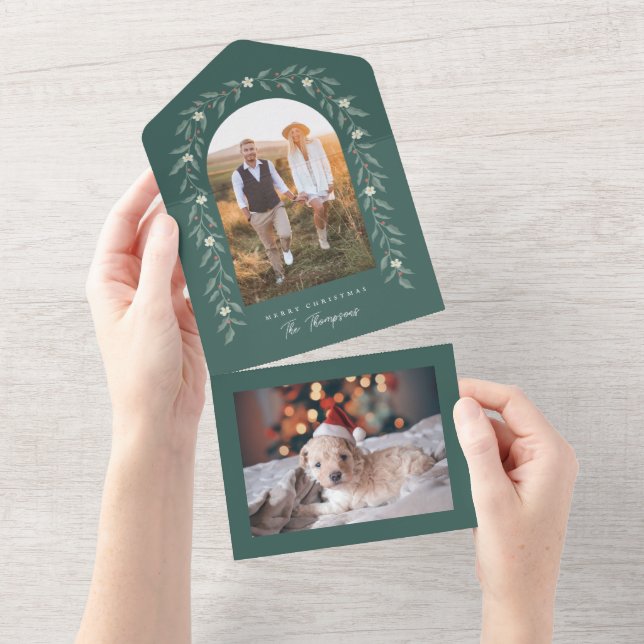 Floral Garland Arched Photo Carte de Noël verte (Déchirure)