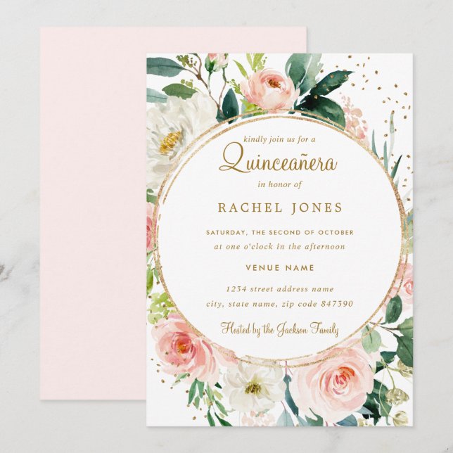 Floral Géométrique Blush or Quinceanera Invitation (Devant / Derrière)