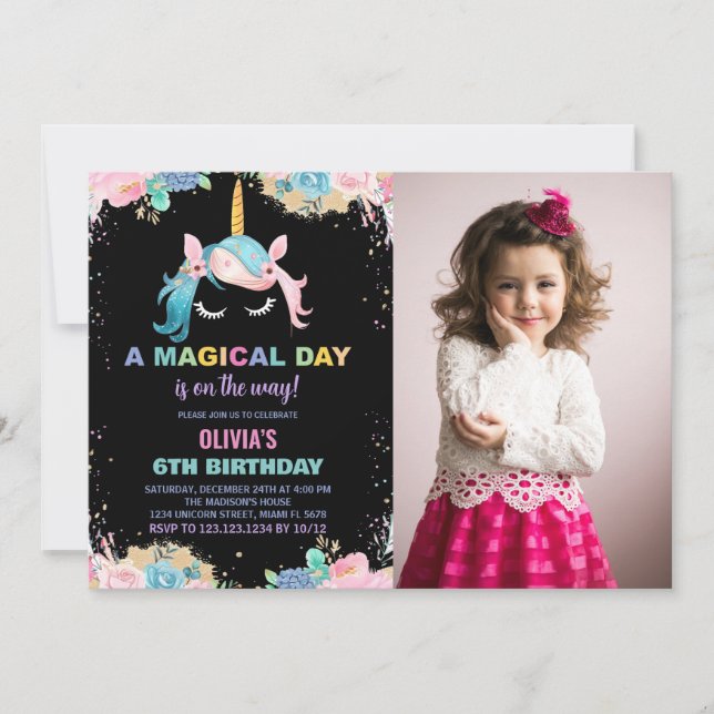 Floral Gillter Unicorn Anniversaire Invitations ph (Devant)