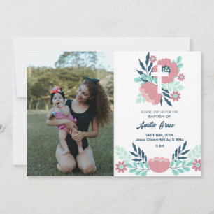 Floral Girl Photo Baptism Invitation - Élégant