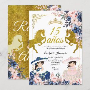 Floral Gold 15 años Twin Quinceañera Invitation