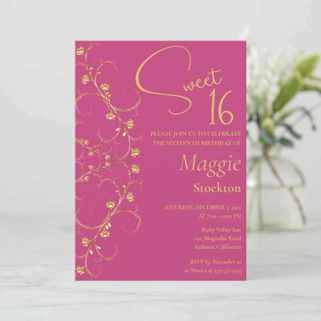 Floral Gold Border Sweet 16 Invitation (Debout devant)