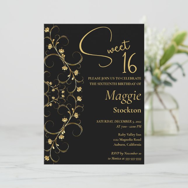 Floral Gold Border Sweet 16 Invitation (Debout devant)