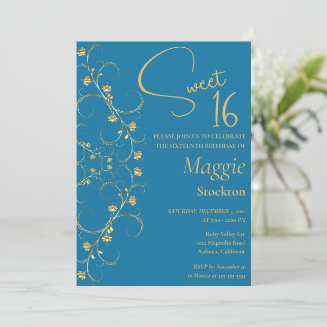 Floral Gold Border Sweet 16 Invitation (Debout devant)